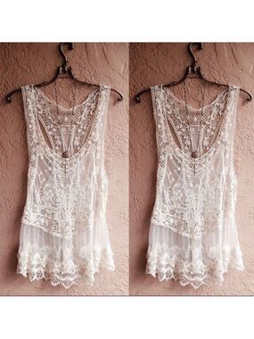 White Lace Top! Flowy Boho! Swim Cover Up! Cowgirl Sexy!